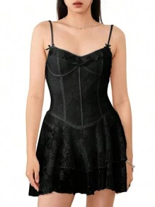 Women Summer Mini Cami Dress Sleeveless Backless Lace Floral Tiered Ruffle Hem Party Dress - màu đen - Xem 10