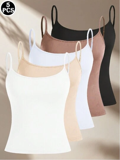 5pcs Women's Solid Color Adjustable Strap Camisole Undershirt