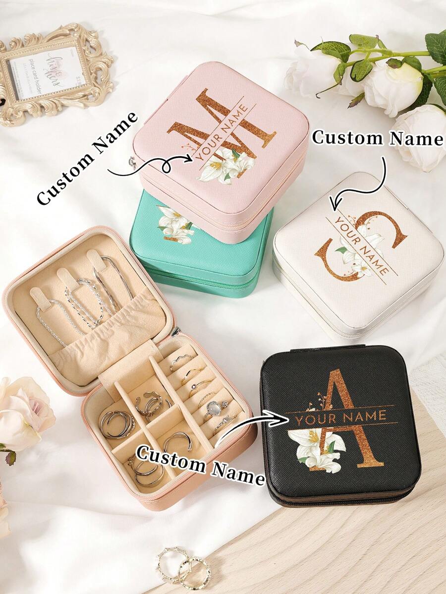 1件定制名字珠宝收纳盒戒指项链收纳盒便携式旅行拉链首饰收纳盒 - 黑色 - 查看 1