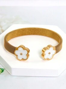 2pcs 18K Gold Stainless Steel Floral Bangle Bracelets, Suitable For Women's Daily Wear, Fashion Woven And Floral Open Design, European & American Popular Style, Casual Party Holiday Birthday Wedding Bridesmaid Valentine's Day Gift,Mom,Mother,Mother's Day,Gift - Gold - View 6