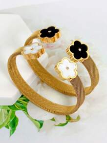 2pcs 18K Gold Stainless Steel Floral Bangle Bracelets, Suitable For Women's Daily Wear, Fashion Woven And Floral Open Design, European & American Popular Style, Casual Party Holiday Birthday Wedding Bridesmaid Valentine's Day Gift,Mom,Mother,Mother's Day,Gift - Gold - View 2
