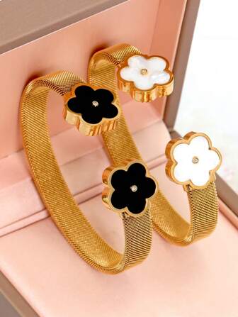 2 件 18K 金不锈钢花卉手镯，适合女性日常佩戴，时尚编织和花卉开放式设计，欧美流行风格，休闲派对节日生日婚礼伴娘情人节礼物，妈妈，母亲，母亲节，礼物