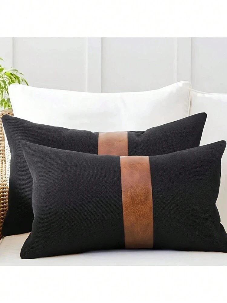 PU Canvas Colorblock Simple Pillowcase, Without Pillow Insert