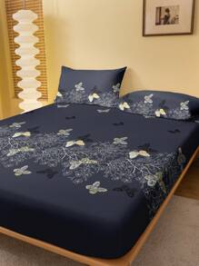 1 pieza Sábana ajustable con estampado floral y mariposa moderno y simple para dormitorio, sábana ajustable, cubierta de colchón, protector de cama, ropa de cama (funda de almohada no incluida) - Multicolor - Ver 3