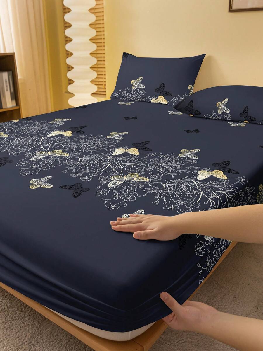 1 pieza Sábana ajustable con estampado floral y mariposa moderno y simple para dormitorio, sábana ajustable, cubierta de colchón, protector de cama, ropa de cama (funda de almohada no incluida) - Multicolor - Ver 1