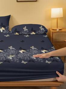 1 pieza Sábana ajustable con estampado floral y mariposa moderno y simple para dormitorio, sábana ajustable, cubierta de colchón, protector de cama, ropa de cama (funda de almohada no incluida) - Multicolor - Ver 4