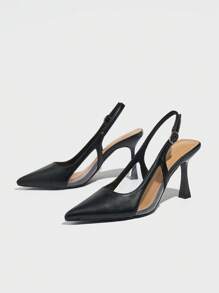 女士尖头性感透明仿镂空装饰踝带细高跟鞋，新款宴会性感百搭时尚纯色皮革一脚蹬带扣高跟鞋