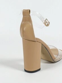 Women's Round Toe Clear Glass Buckle Strap Ankle Strap Chunky Heel Sandals, Fashionable Elegant Party Dinner Apricot High Heels