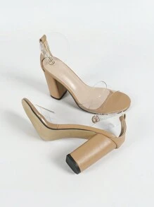 Women's Round Toe Clear Glass Buckle Strap Ankle Strap Chunky Heel Sandals, Fashionable Elegant Party Dinner Apricot High Heels
