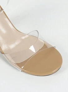 Women's Round Toe Clear Glass Buckle Strap Ankle Strap Chunky Heel Sandals, Fashionable Elegant Party Dinner Apricot High Heels