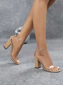 Women's Round Toe Clear Glass Buckle Strap Ankle Strap Chunky Heel Sandals, Fashionable Elegant Party Dinner Apricot High Heels