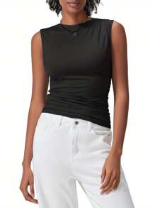 Women's Ruched Tank Tops Slim Solid Color Boat Neck Sleeveless Shirt For Party Club