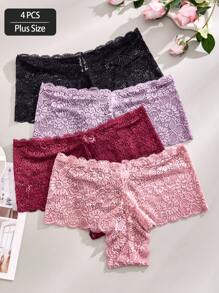 4pcs/Pack Plus Size Women Lace Sexy Underwear, Solid Color Floral Hipster & Bikini Panties, Black/Pink/Purple