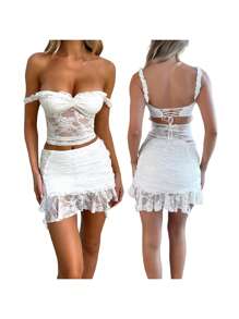 Conjunto de falda para mujer, camisola de encaje con espalda descubierta y minifalda ajustada, atuendo de verano para fiesta y club. - Blanco - Ver 4