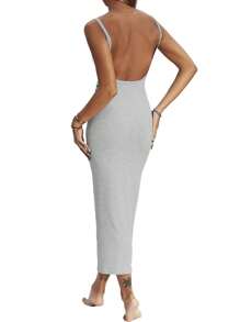 Women Backless Maxi Tank Dress Bodycon Sexy Open Back Long Dresses Sleeveless Elegant Cocktail Party Dress - Xám - Xem 3