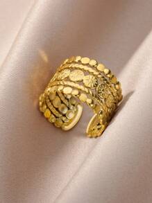 1 Pc Fashion Multi-Layered Geometric Open Ring For Women Gold Color Stainless Steel Wide Ring Wedding Party Jewelry Gift