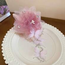 1个水钻花朵网纱蝴蝶流苏甜美时尚百搭发爪时尚发饰花朵爪夹优雅发夹，沙滩配饰秋冬度假装扮女士夏季度假发夹 - 咖色 - 查看 5