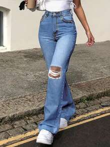 Light Blue Ripped Flare High Waisted Jeans, Casual Style - Light Wash - View 5
