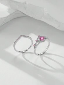 Conjunto de 2 peças elegantes anéis de zircônia cúbica de coroa de luxo, joias banhadas a cobre da moda, presente perfeito para o dia dos namorados para ela - Prata - Ver 3