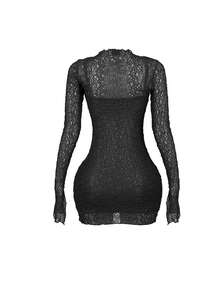 Rochie mini cu mânecă lungă, slim, cu dantelă Flirty - Negru - Vizualizare 5