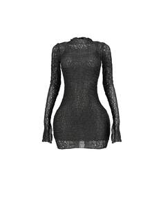 Rochie mini cu mânecă lungă, slim, cu dantelă Flirty - Negru - Vizualizare 4