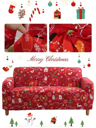 1 件弹力全盖圣诞老人图案沙发套，适合圣诞夜、节日派对、家庭用餐装饰单人/多人座
