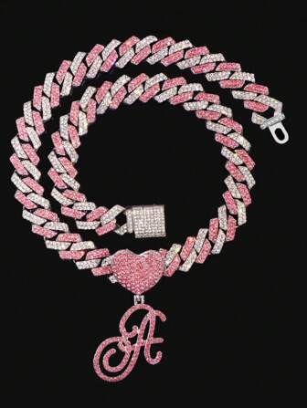 A-Z Initial Hip Hop Bling Pink Crystal Cursive Initial Letter Cuban Necklace For Women Iced Out Paved Cuban Chain Necklace Choker Jewelry