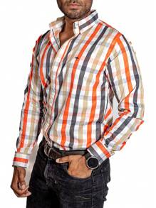 PLATINUM STORES Men's Casual Long Sleeve Checkered Shirt Orange, Beige, White Cotton Office Shirt - 橘色 - 查看 5