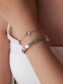 1 Set Minimalist & Elegant Stainless Steel Chain Bracelet & Bangle Decorated With Clover Element & Crystal Glass, Suitable For Women To Wear At Banquet, Daily Fashion, Commuting Or As Festival Gift