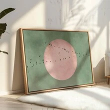 1PC, Canvas Hanging Poster, Solid Wood 30*40 Framed Painting, Light Blue Japandi Canvas Wall Art Print, Flying Bird Frame Art, Minimalist Landscape Artwork, Large Living Room Decor, Pink Moon Decor