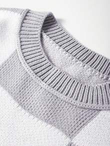 圆领格纹灰色主教袖优雅毛衣，长袖上衣