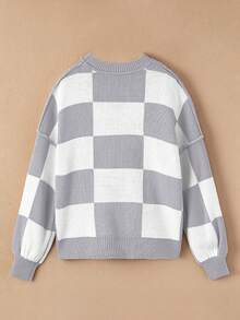 圆领格纹灰色主教袖优雅毛衣，长袖上衣