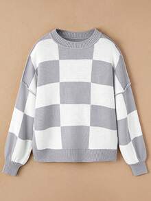 圆领格纹灰色主教袖优雅毛衣，长袖上衣