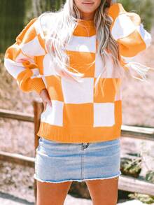 格纹橙色主教袖优雅毛衣，长袖上衣