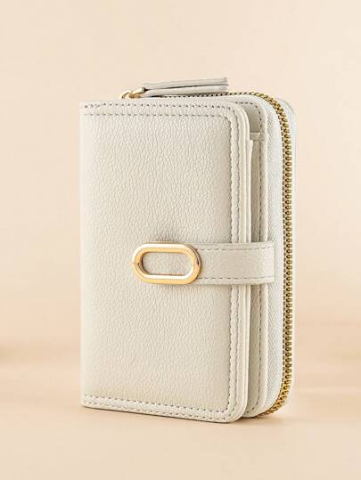 Stylish Zipper Wallet Clutch Pouch With Gold Buckle Strap Folding Short Design Simple & Elegant Lichee Textured Leather Gifts Valentines For Women Wallet Purse Wallet