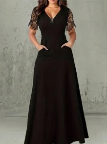 2024 秋冬纯色拼布口袋拉链连衣裙（蕾丝袖） - 黑色 - 查看 1