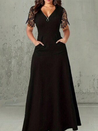 2024 秋冬纯色拼布口袋拉链连衣裙（蕾丝袖）