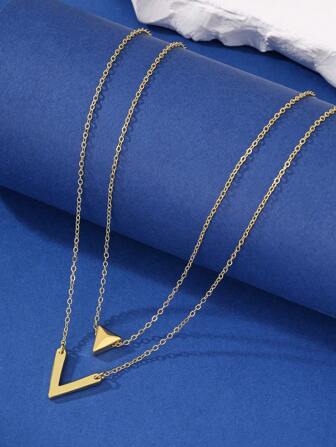 1 件简约精致双层 V 形金色项链，铜色，适合日常佩戴，也可作为送给妈妈的生日礼物