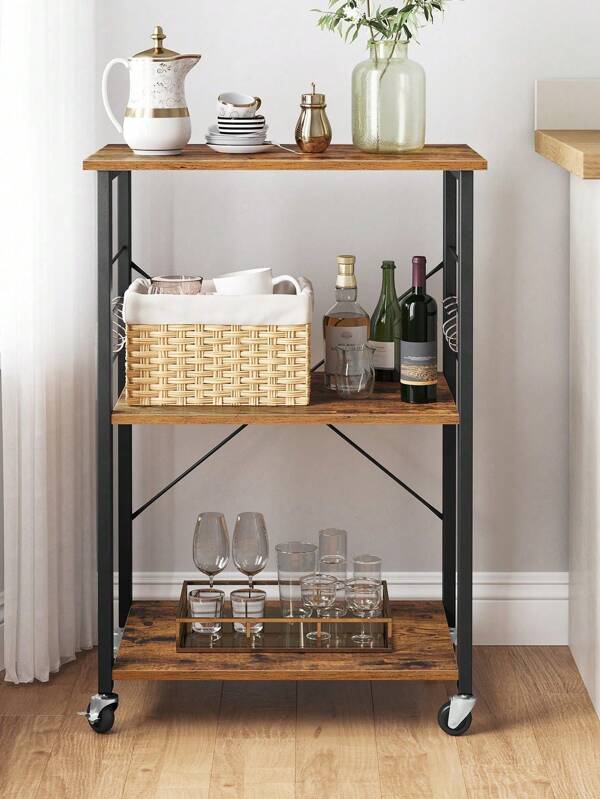 VASAGLE Estantería de Cocina con Ruedas, Carrito de Servicio de 3 Niveles, Estantería para Microondas, Horno, Tostadora, Marco de Metal con 6 Ganchos, Marrón Rústico y Negro