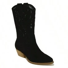 SND-18 Laser-Cut Western Boot With Stacked Leather Heel - Black - View 2