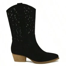 SND-18 Laser-Cut Western Boot With Stacked Leather Heel - Black - View 1