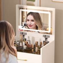 3 In 1 Vanity Desk With Open Top Mirror,Small Make Up Vanity Set With Visible Glass Desktop,Compact Makeup Vanity With 3 Drawers,Dressing Table For Bedroom - 白色 - 查看 8