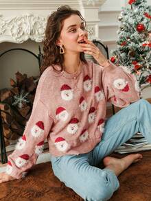 Simplee Suéter de manga larga con estampado de Papá Noel y hombros caídos - Rosa vieja - Ver 3