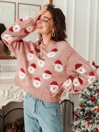Simplee Suéter de manga larga con estampado de Papá Noel y hombros caídos