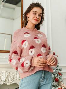Simplee Suéter de manga larga con estampado de Papá Noel y hombros caídos - Rosa vieja - Ver 8