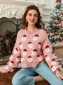 Simplee Suéter de manga larga con estampado de Papá Noel y hombros caídos - Rosa vieja - Ver 5