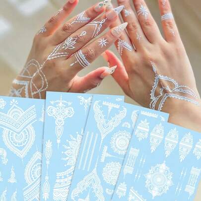 STARTTOOS 白色指甲花曼陀罗花朵图案蕾丝丝带临时防水纹身贴纸，适合女性，性感人体艺术，适合婚礼