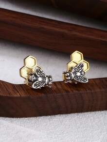 1 Par de aretes con diseño de panal de abeja de plata esterlina 925 y cobre vintage desgastados, apropiados para uso diario
