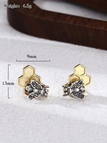 1 Par de aretes con diseño de panal de abeja de plata esterlina 925 y cobre vintage desgastados, apropiados para uso diario