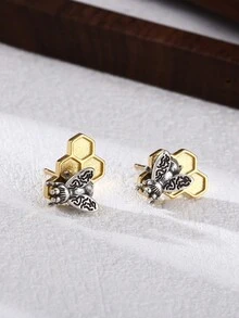 1 Par de aretes con diseño de panal de abeja de plata esterlina 925 y cobre vintage desgastados, apropiados para uso diario